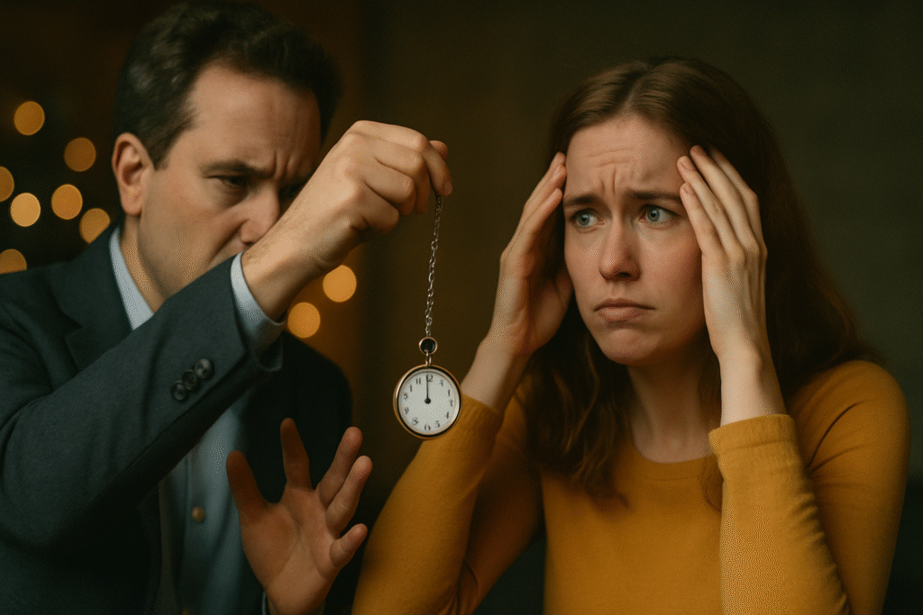woman struggling to get into trance with a male hypnotist
