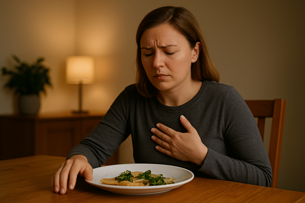 woman having heartburn after dinner