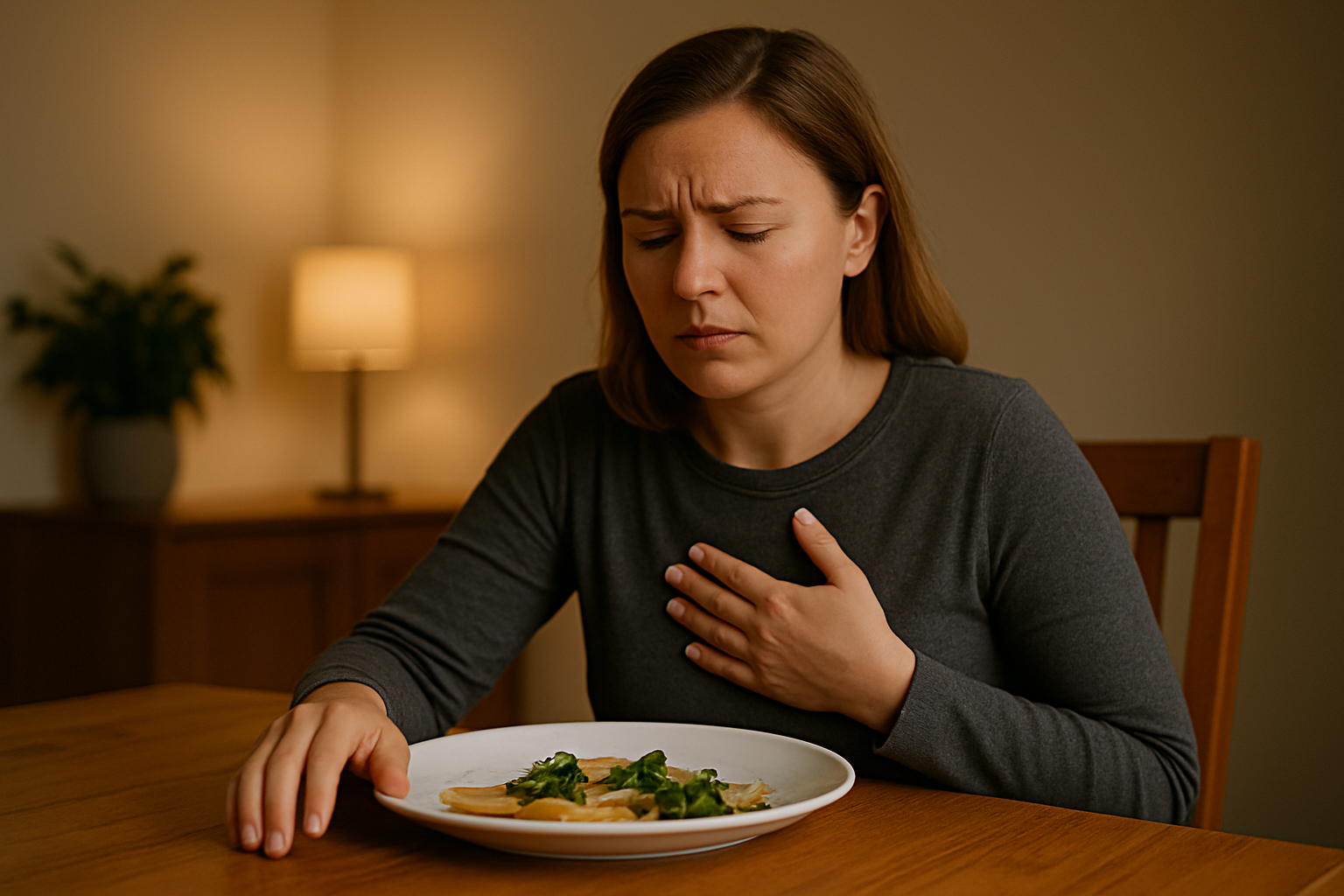 woman having heartburn after dinner