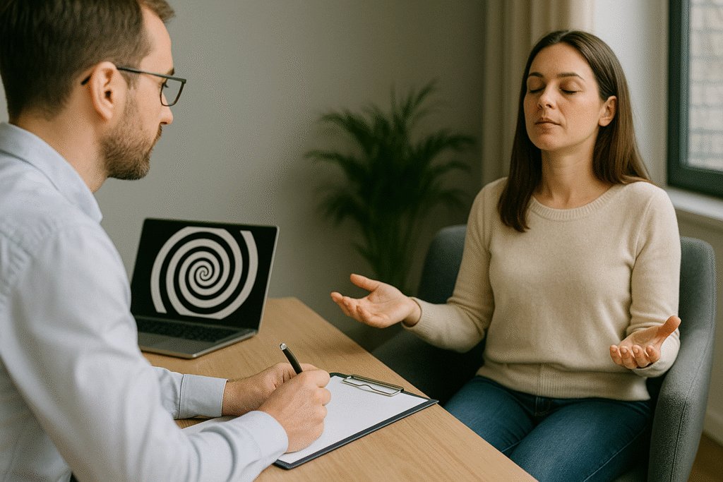 woman doing hypnosis for science with a therapists