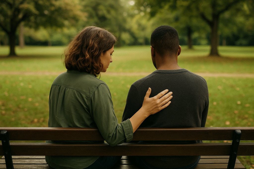being comforted through grief on a bench