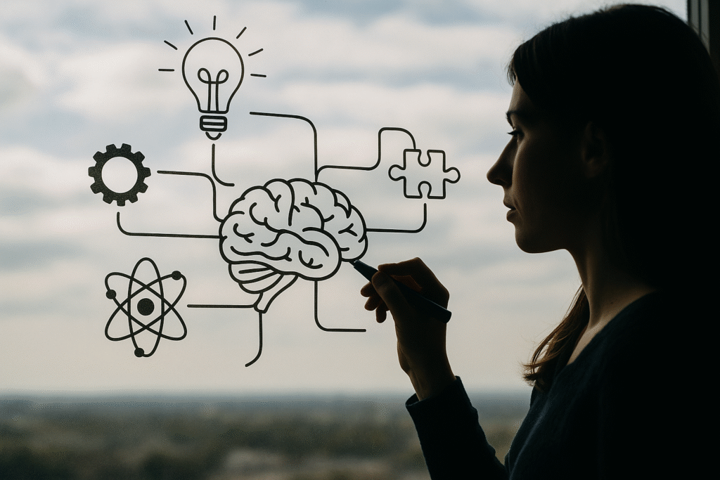 a woman drawing brain hacks on the window