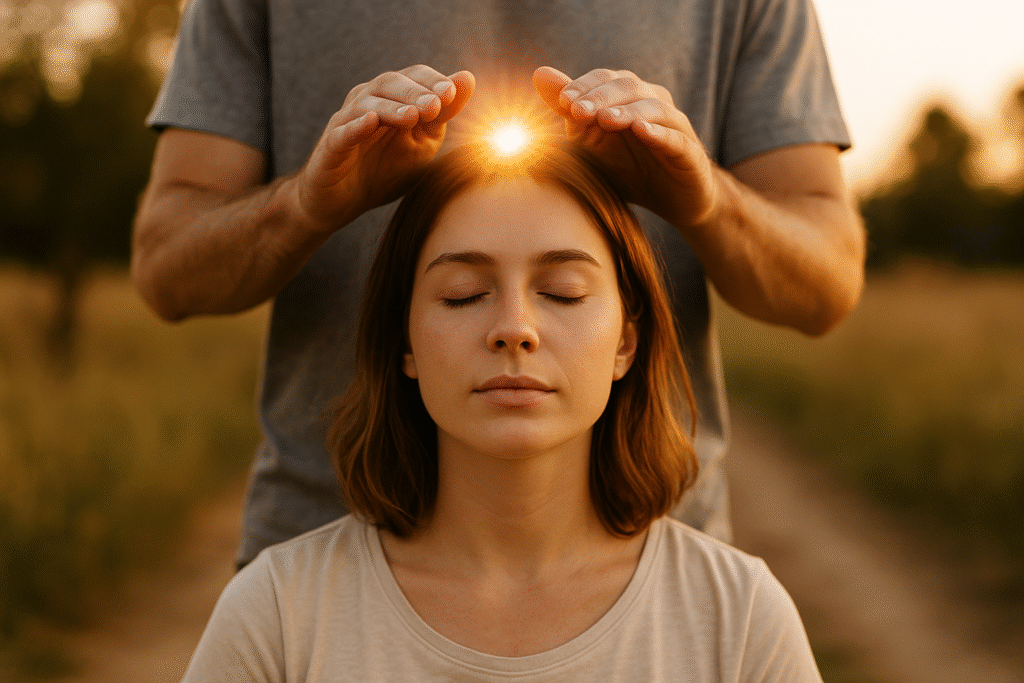 healing a woman with hands over her head and a light shining.