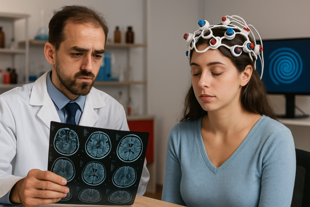 woman doing neuroscience with a doctor.