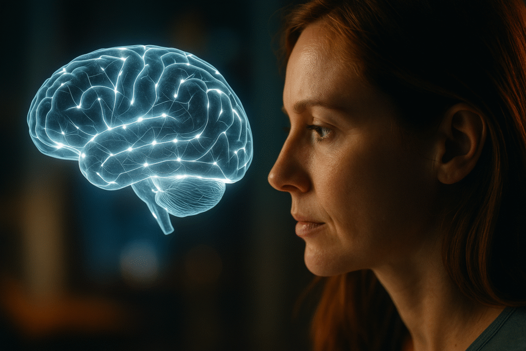 woman looking at digital brain