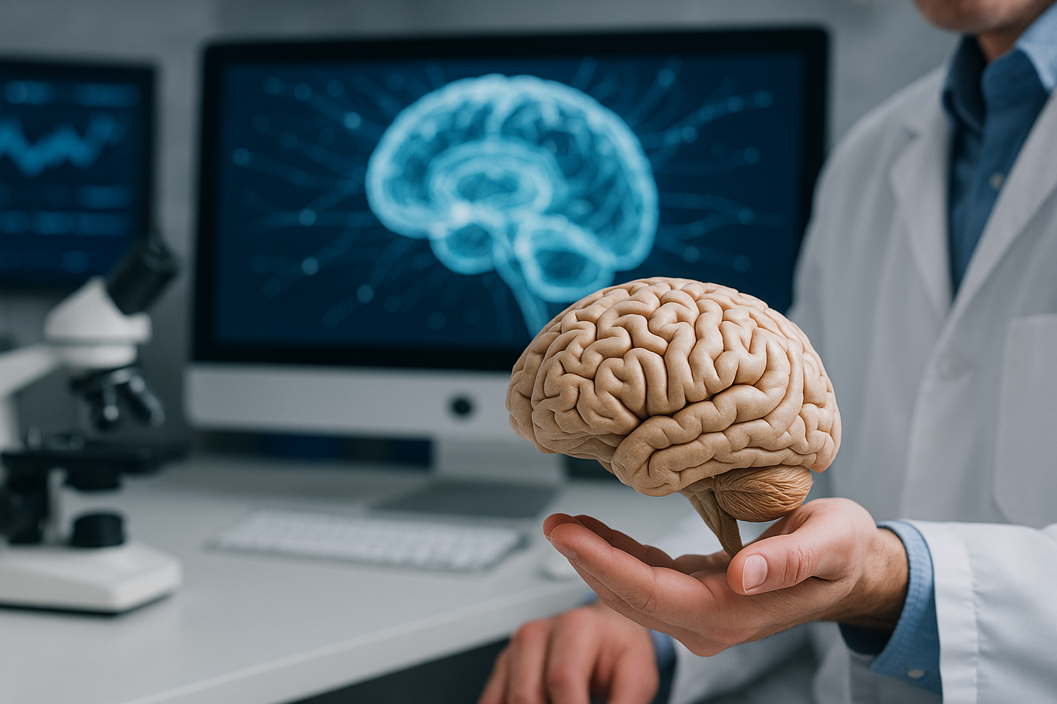 A man holding a fake brain in a science laboratory