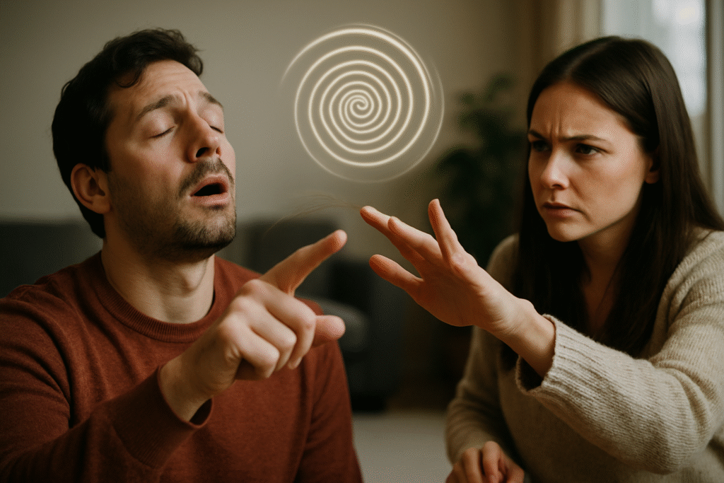 A man and a woman with a spiral between them.