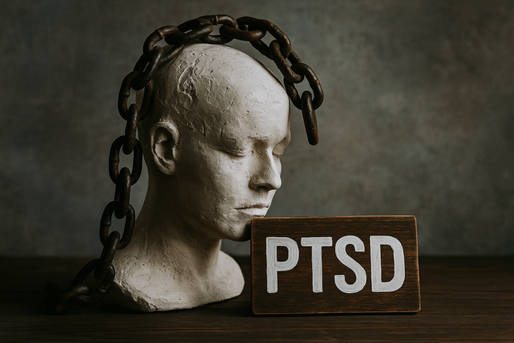 a bust with the chains of PTSD on it.