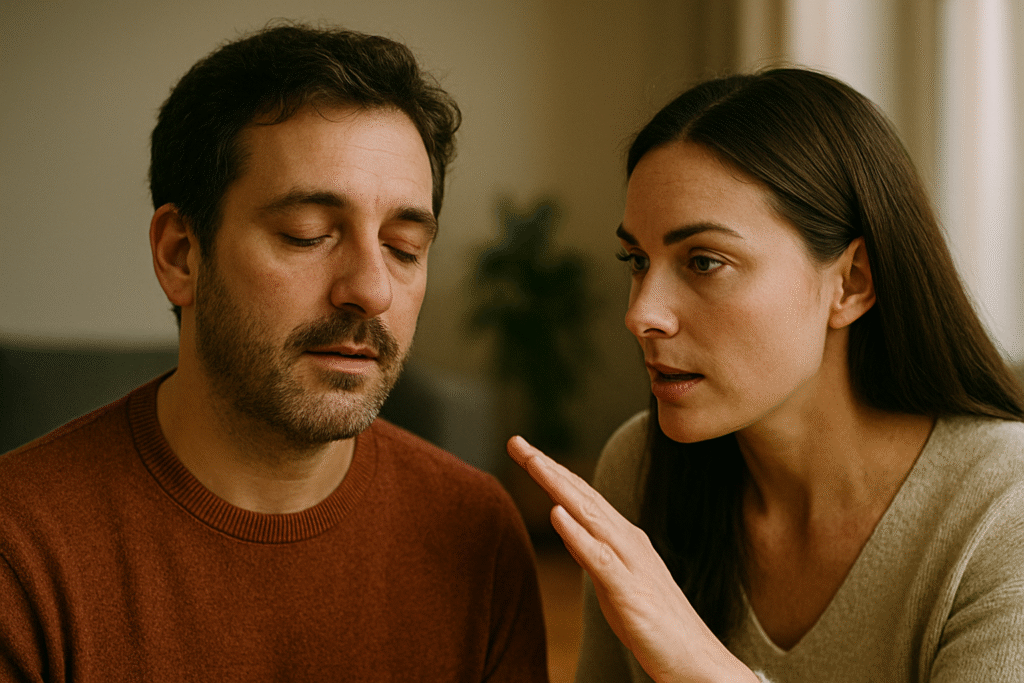 woman making a suggestion o a man in hypnosis