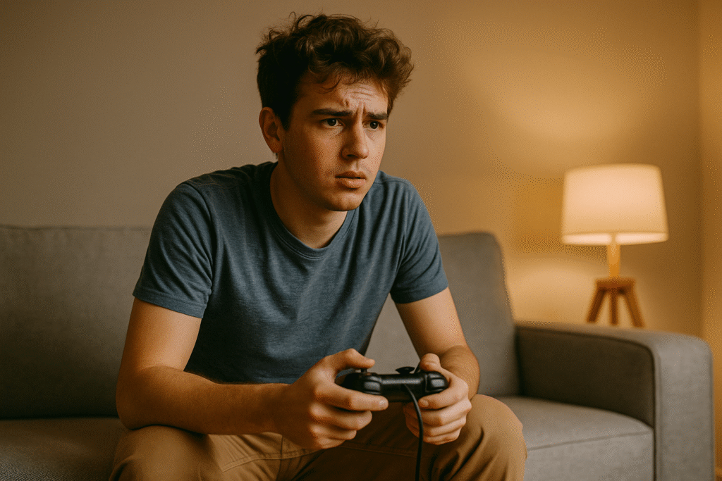 a boy playing video games looking stressed