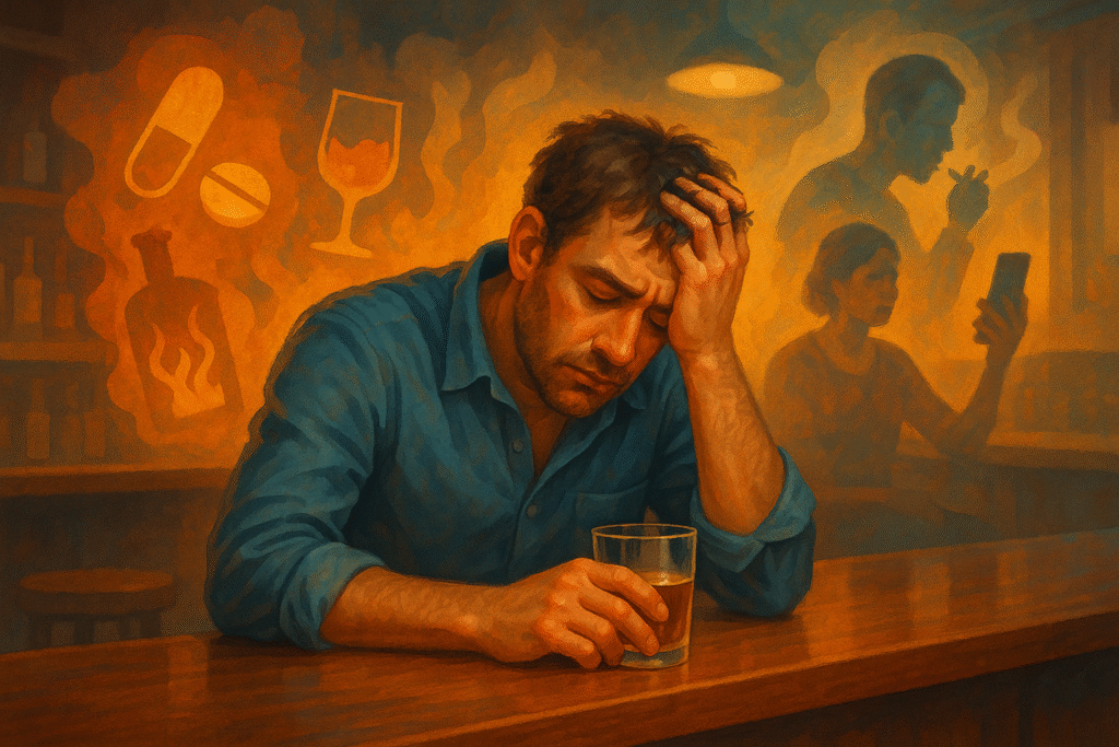 Man sitting at a bar struggling with addiction mentally and in real life