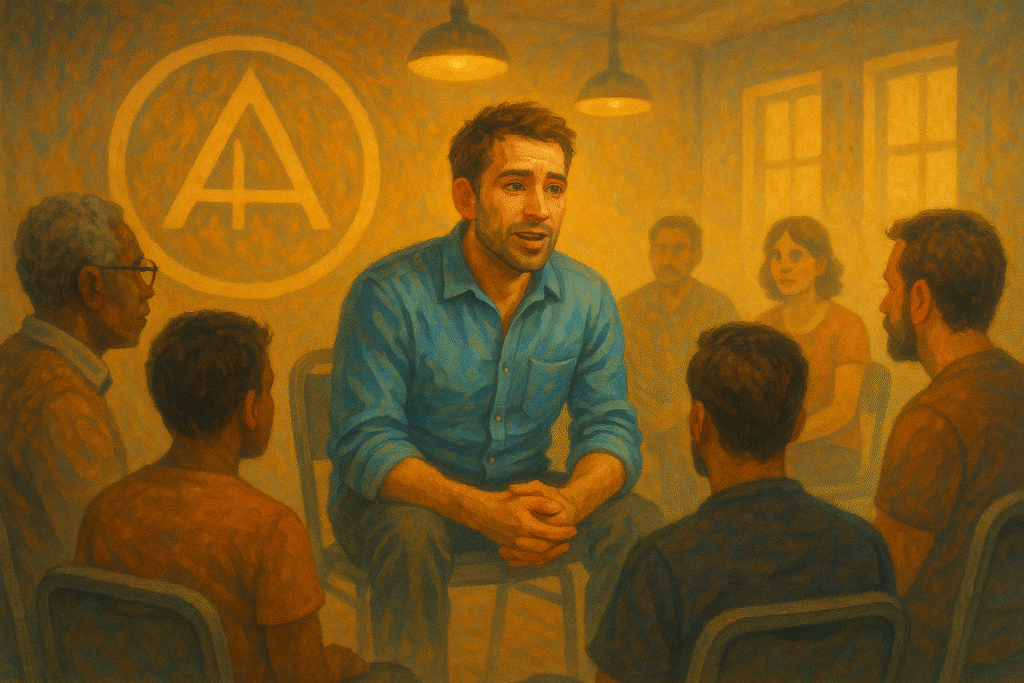 A man at an AA meeting is talking out his issues. The focus is all on him in the center.