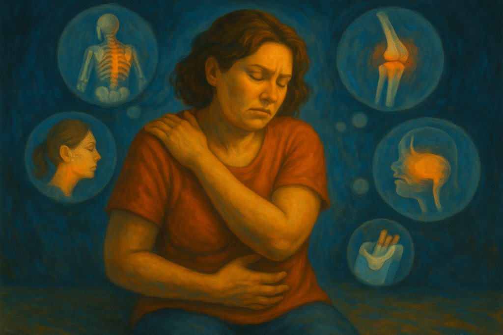 A woman thinking about all the causes of her chronic pain while rubbing her aching shoulder.