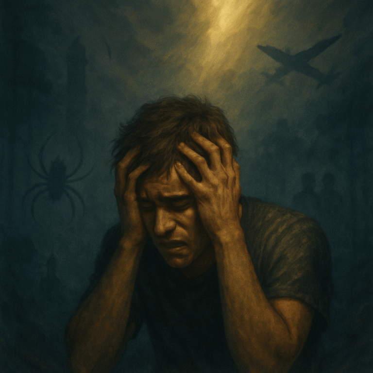 Artistic image of man grabbing his head as he imagines his fears in the dark background.