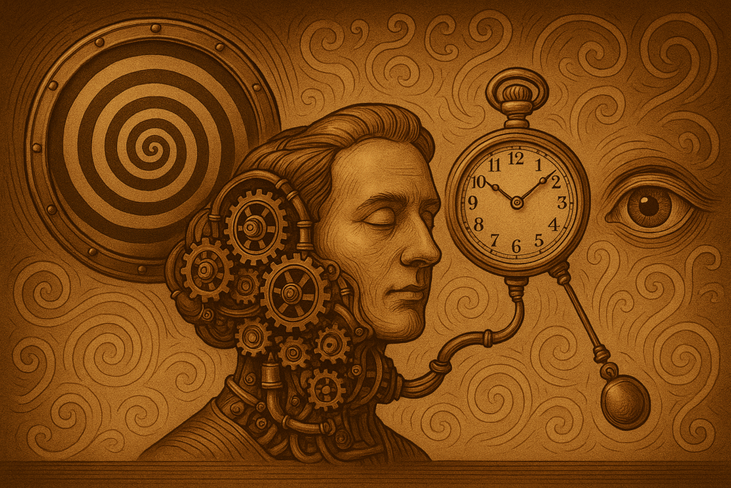 man with cogs working in his head and hypnotic symbols in the background