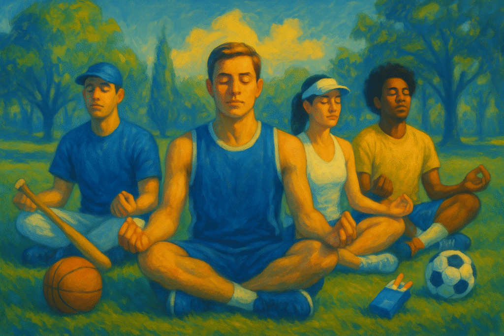 various athletes meditating in the park