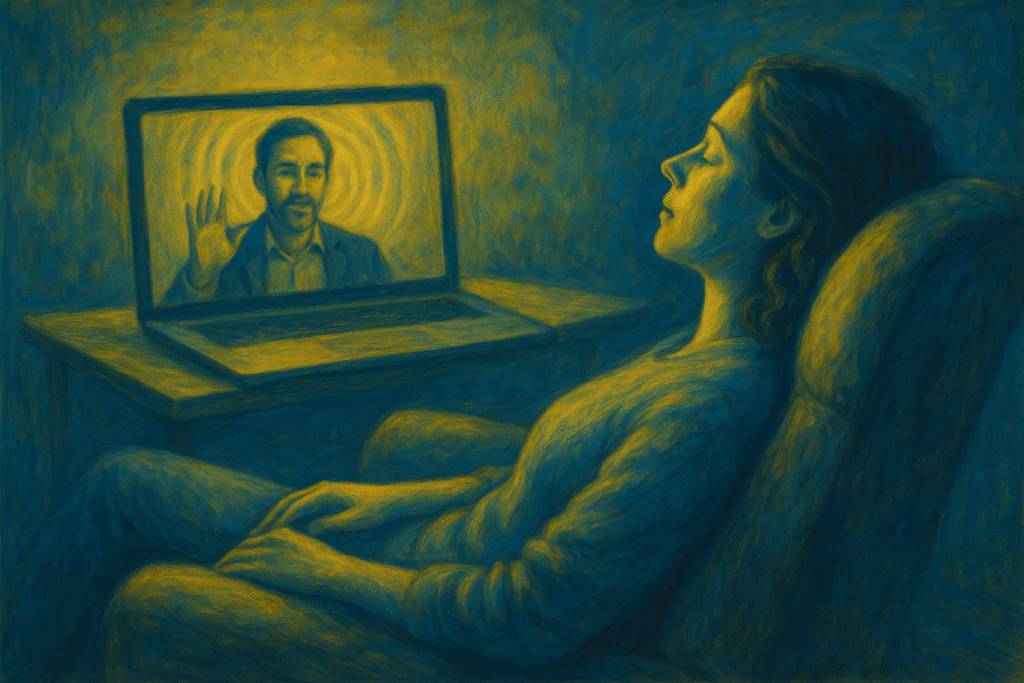 woman lying back in a chair listening to a hypnotist on a screen