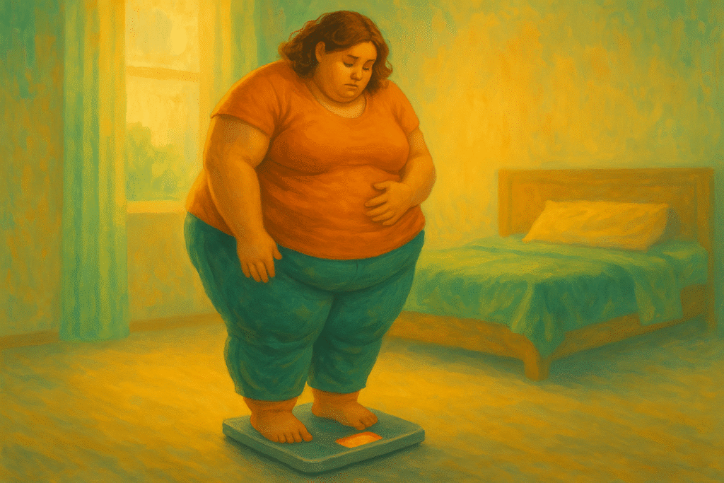 Realizing your overweight as you step on a scale