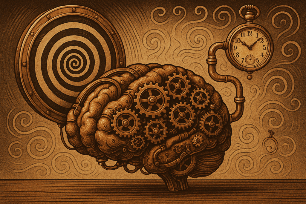 brain with cogs and hypnosis spiral, and pocket watch. Steampunk style.
