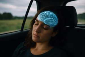 a woman asleep in a car her mind highlighted in blue.