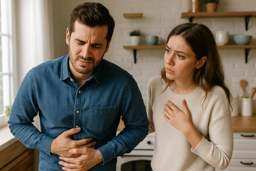 man having gastro issues while wife looks concerned