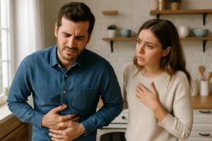 man having gastro issues while wife looks concerned