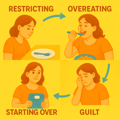 eating cycle The abusive food cycle: restricting, overeating, feeling guilty, and then starting the cycle all over.