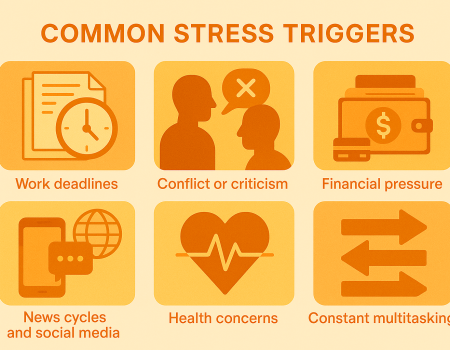 a list of common triggers of stress: deadlines, conflict, criticism, financial issues, social media, health, multitasking