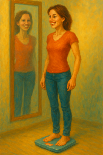 Weight loss success A woman who has lost weight and is down to a healthy weight.